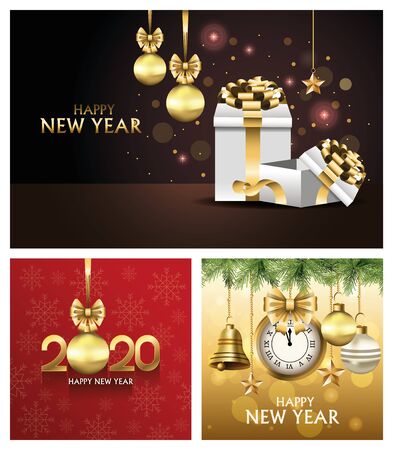 happy new year 2020 bundle of cards vector illustration designのイラスト素材