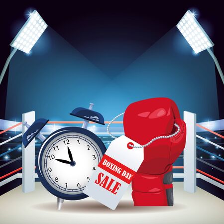 Boxing ring with alarm clock and boxing glove with sale tag, colorful design, vector illustrationのイラスト素材