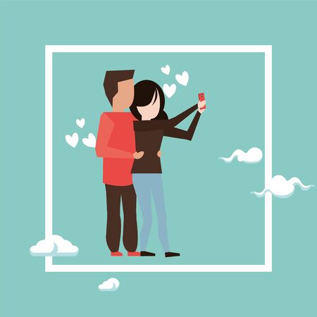 cute lovers couple characters taking a selfie vector illustration designのイラスト素材