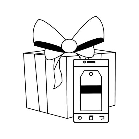 gift box and smartphone with price tag over white background, flat design, vector illustrationのイラスト素材
