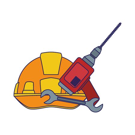 safety helmet with drill and wrench tool over white background, colorful design, vector illustrationのイラスト素材