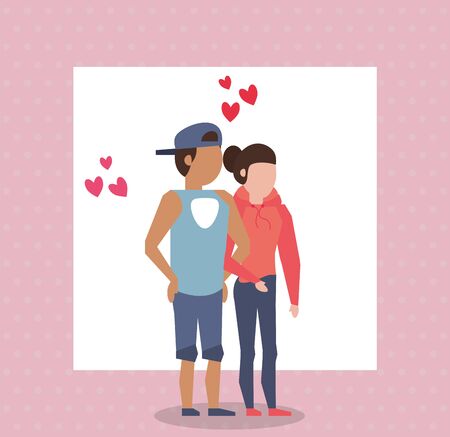 cute lovers couple characters with hearts love vector illustration designのイラスト素材