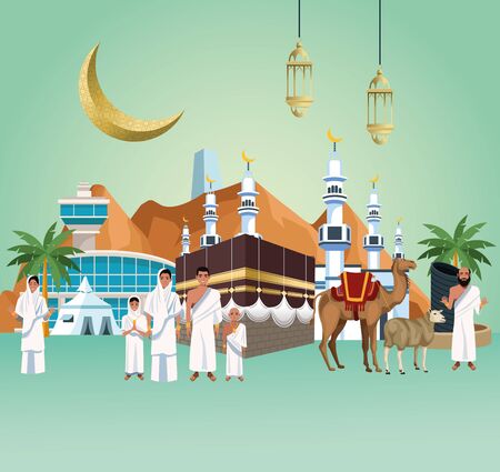 muslims persons in hajj mabrur travel celebration vector illustration designのイラスト素材