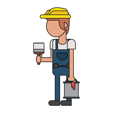 Construction worker smiling with paint bucket and brush cartoon isolated vector illustration graphic designのイラスト素材