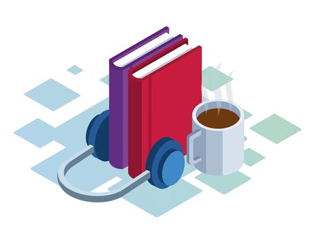 headphones, books and coffee mug over white background, colorful isometric design, vector illustrationのイラスト素材
