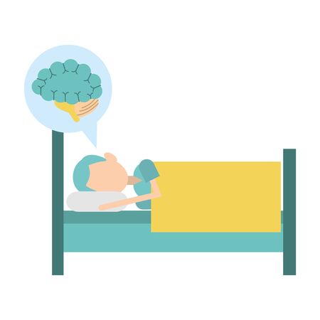 man sleeping on bed and speech bubble with brain icon over white background, vector illustrationのイラスト素材