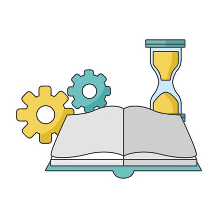 book, gear wheels and hourglass over white background, vector illustrationのイラスト素材