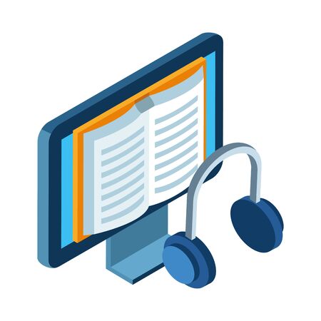 headphones and computer with book on screen over white background, vector illustrationのイラスト素材