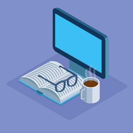 computer with book, glasses and coffee mug over purple background, colorful isometric design, vector illustrationのイラスト素材