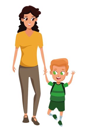 Family single mother with children holding school backpack cartoon isolated vector illustration graphic designのイラスト素材