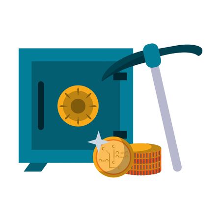 Strongbox and cryptocurrency coins with mining pick vector illustration graphic designのイラスト素材
