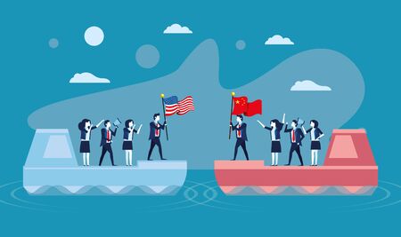 merchant ships with business people and usa and china flags vector illustration designのイラスト素材