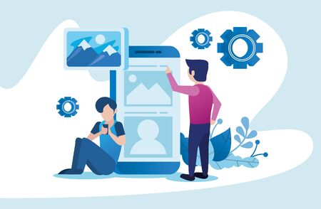 smartphone and users with social media marketing icons vector illustration designのイラスト素材