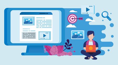 desktop and user with social media marketing icons vector illustration design