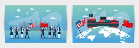 bundle of business people with usa and china flags vector illustration designのイラスト素材