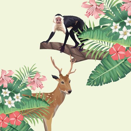 wild reindeer and monkey with tropical foliage vector illustration designのイラスト素材