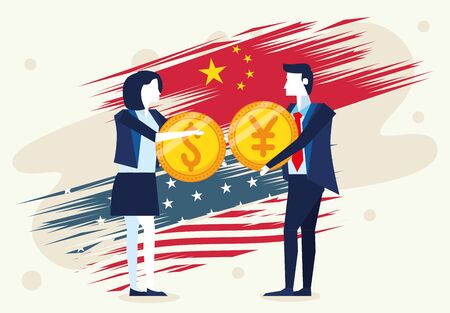 business couple with coins dollar and yen money vector illustration designのイラスト素材