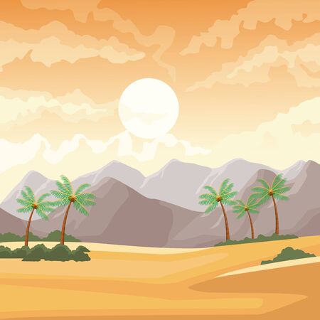 Desertscape scenery with palms and mountains, india landscape vector illustration graphic designのイラスト素材