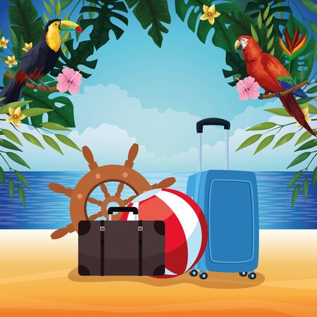 Island with luggage beach ball and boat steering wheel cartoon vector illustration graphic designのイラスト素材