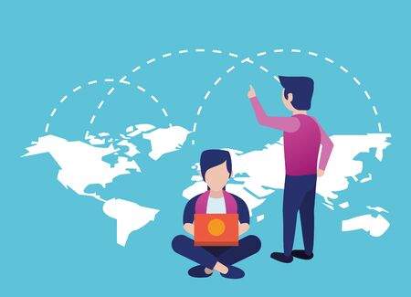 young men using laptop avatars characters vector illustration designのイラスト素材