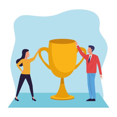 avatar man and woman with big trophy cup over white and blue background, colorful design , vector illustrationのイラスト素材