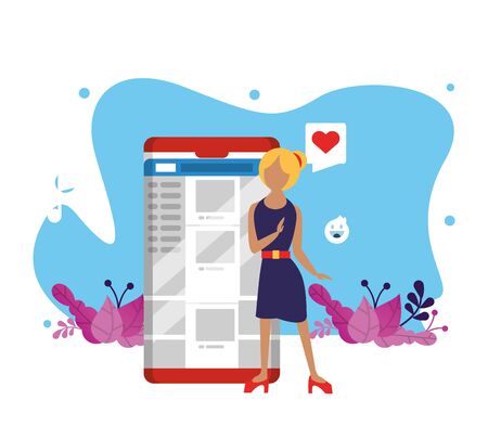 woman using smartphone with social media app vector illustration designのイラスト素材