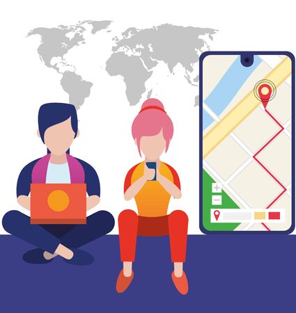 young couple using smartphone and laptop characters vector illustration designのイラスト素材