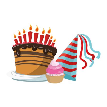cupcake with birthday cake and party hat icon over white background, colorful design, vector illustrationのイラスト素材