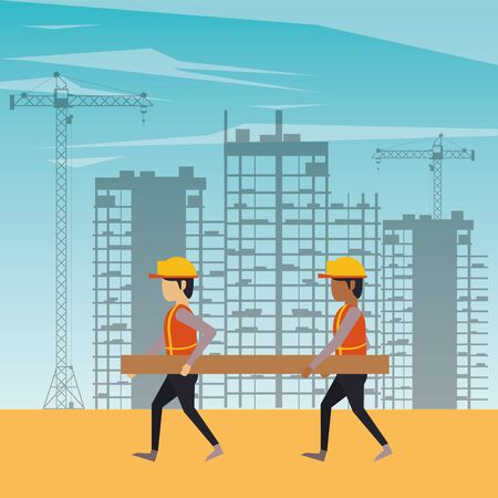 builders working under construction scene vector illustration designのイラスト素材