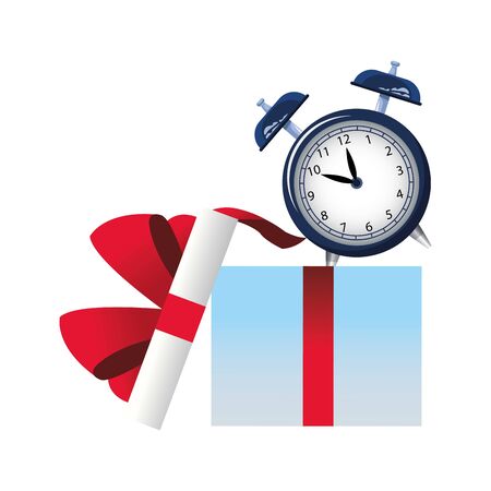 opened gift box with alarm clock over white background, vector illustrationのイラスト素材