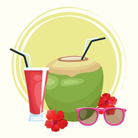 coconut drink and sunglasses and tropical flowers over white background, colorful design , vector illustrationのイラスト素材