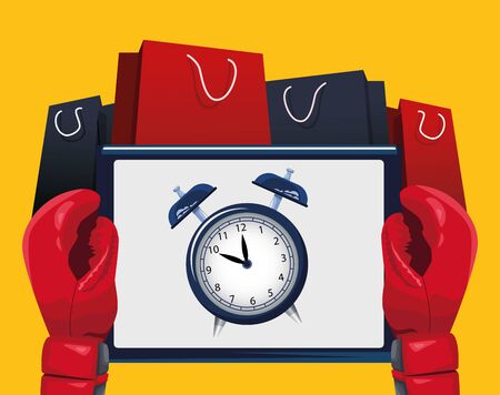 boxing gloves with tablet with alarm clock icon on screen and shopping bags over yellow background,...