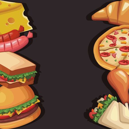 frame with delicious fast food over black background, colorful design , vector illustrationのイラスト素材