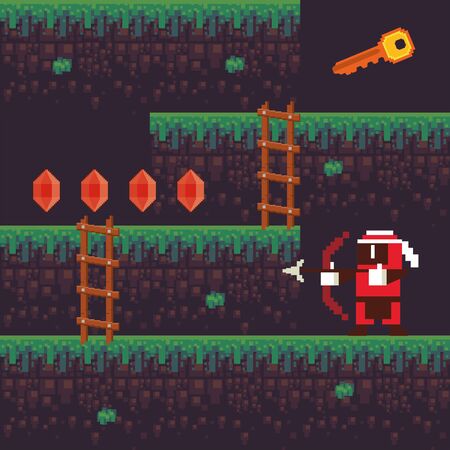 video game archery warrior in pixelated scene vector illustration designのイラスト素材