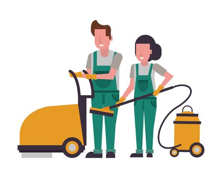 housekepping workers couple with equipment characters vector illustration designのイラスト素材