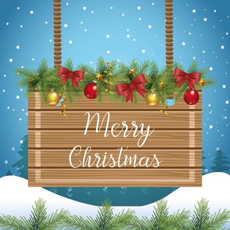 Merry christmas design with wooden board and christmas ornaments over snowy background, vector illustrationのイラスト素材