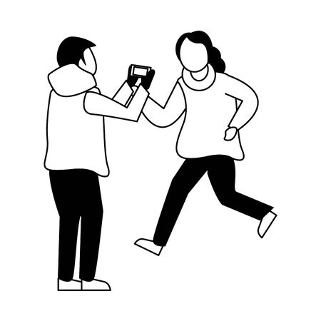 young kids with winter clothes taking picture with cellphone vector illustration designのイラスト素材