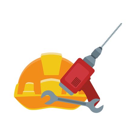 safety helmet with drill and wrench tool over white background, vector illustrationのイラスト素材