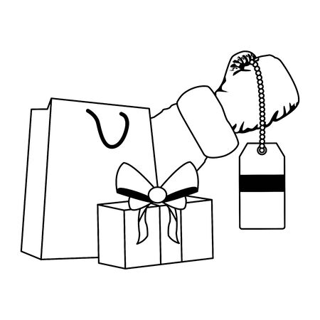 shopping bag and gift box with santa claus arm holding a price tag over white background, vector illustrationのイラスト素材