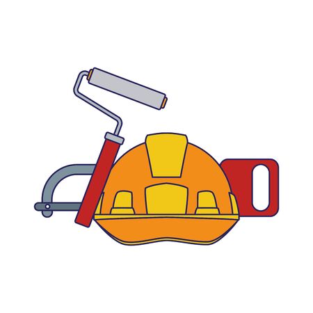 safety helmet with roller paint and hand saw over white background, colorful design, vector illustrationのイラスト素材