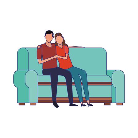 happy couple sitting on couch icon over white background, vector illustrationのイラスト素材