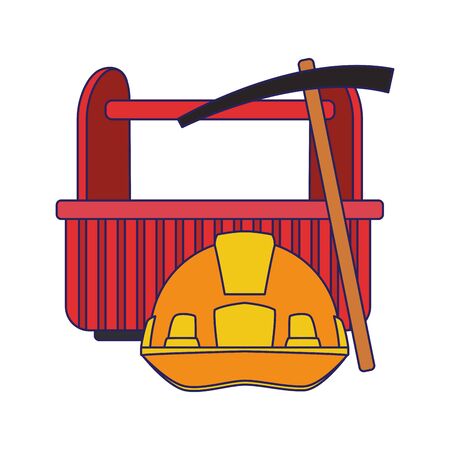 tool box with safety helmet and axe tool over white background, colorful design, vector illustrationのイラスト素材