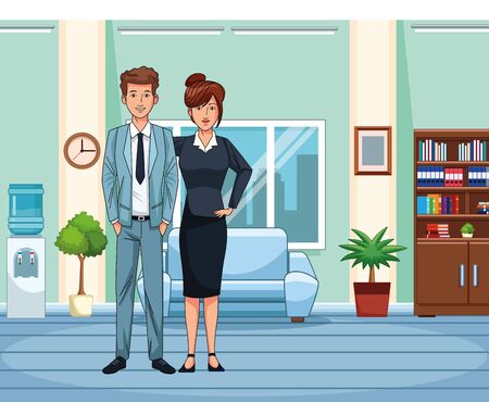 cartoon businessman and businesswoman at office living room with library, colorful design , vector illustrationのイラスト素材
