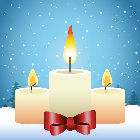 Merry christmas design with candles with decorative bows over snowy background, vector illustrationのイラスト素材
