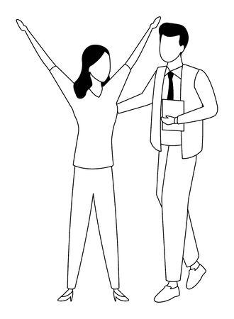 Businessman and businesswoman working and talking with office documents in black and white isolated faceless avatar vector illustration graphic designのイラスト素材