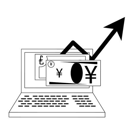 Online stock market investment euro and yen on laptop symbols in black and white vector illustrationのイラスト素材