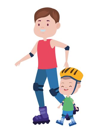 young father with son in skates vector illustration designのイラスト素材