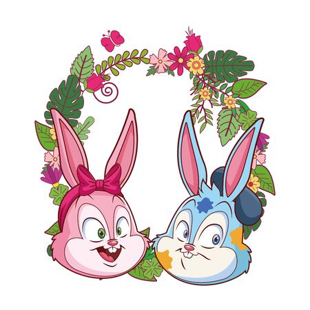 Cute easter bunny happy friends portrait artist painter floral wreath round frame vector illustration graphic designのイラスト素材