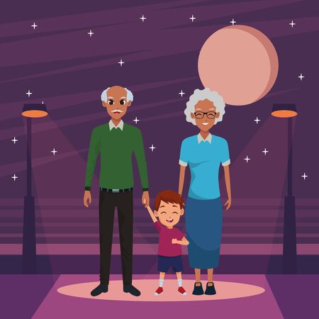 Family grandfather and grandmother with little grandson in the street at night ,vector illustration graphic design.のイラスト素材
