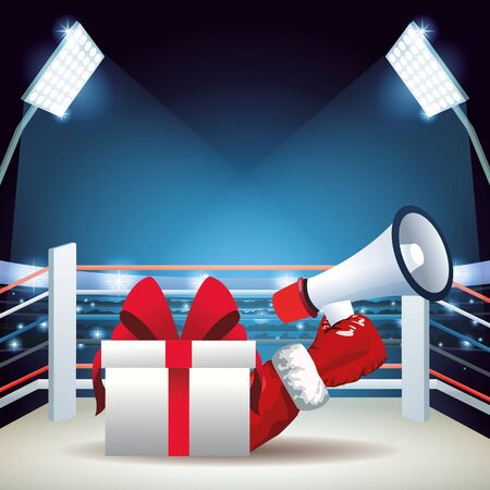 Boxing ring with gift box and megaphone, colorful design, vector illustrationのイラスト素材